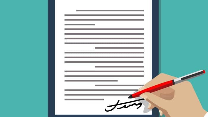 Hand signing document. Man writing on paper contract documents vector illustration
